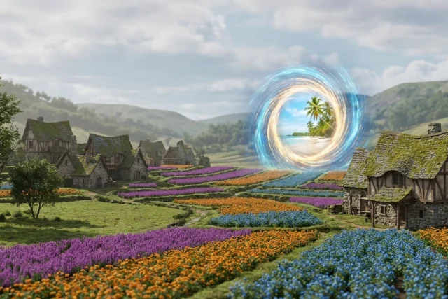 A landscape featuring rows of purple, orange, and blue flowers leading to moss-roofed stone houses. A glowing circular